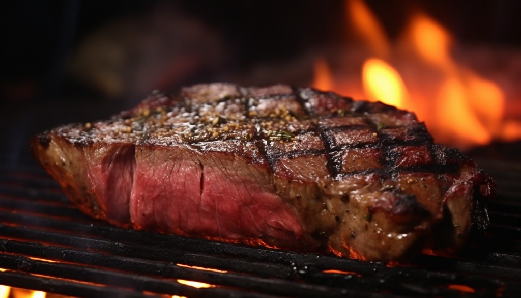 Close-up view of searing steak on charcoal grill - Austin, Texas