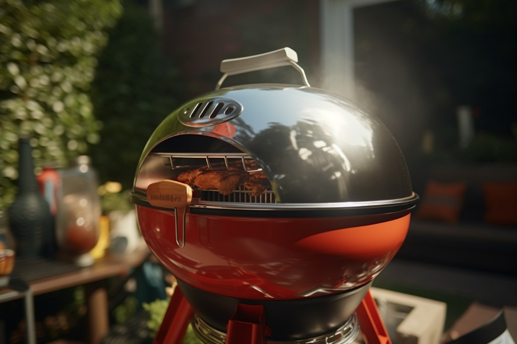 Close-up view of Weber Original Kettle smoker at a backyard party - Chicago, USA