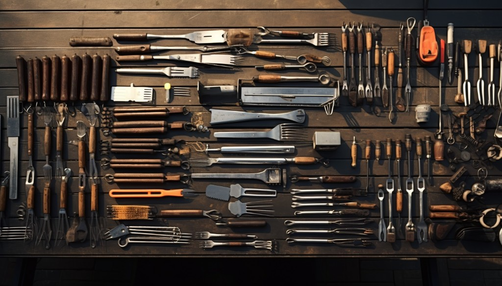Collection of various grilling tools neatly arranged on a table next to a charcoal grill - Los Angeles, United States