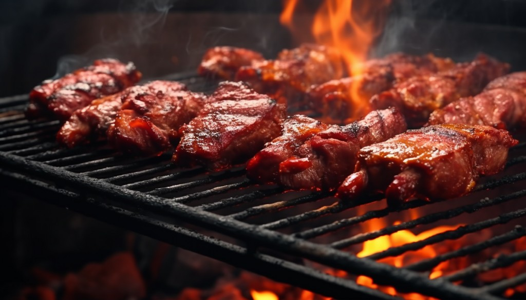 Delicious meats smoking on a barbecue grill using briquettes - Nashville, USA