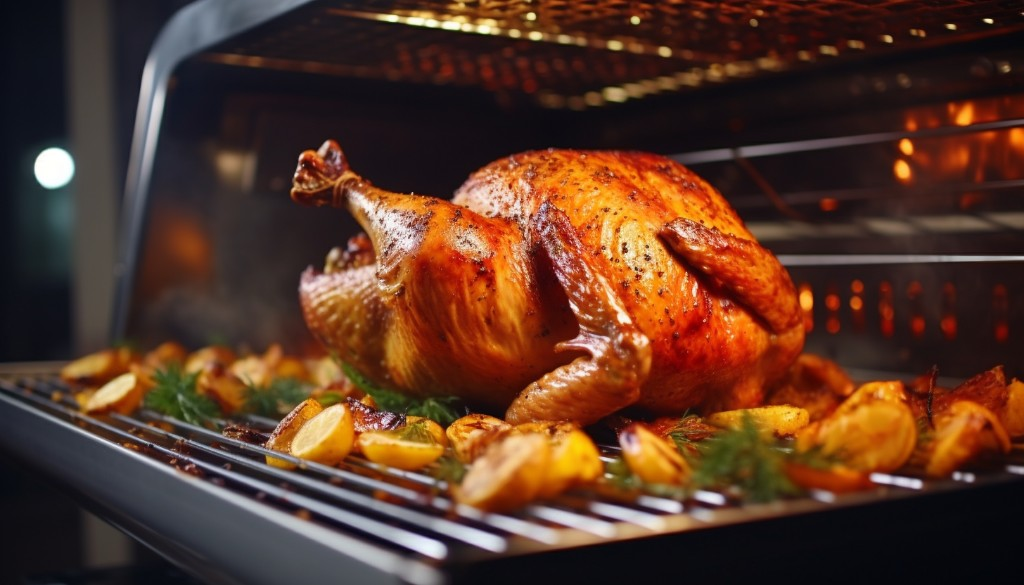 Delicious roasted turkey being cooked on a pellet grill for Thanksgiving dinner at home- Chicago, USA
