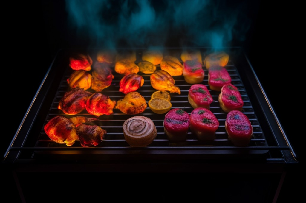 Different food items being cooked on an infrared grill to demonstrate various cooking techniques - Austin, USA