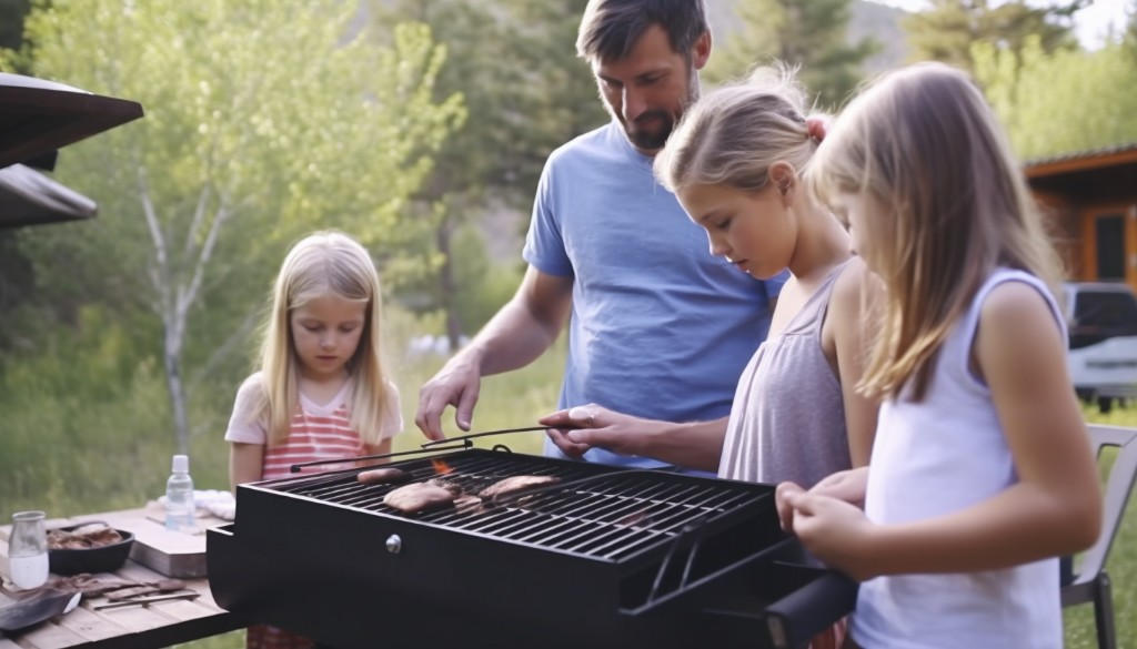 Happy family preparing barbecue at an outdoor camp using a portable pellet grill – Colorado Springs, USA