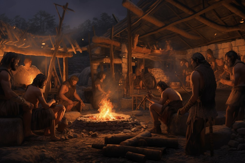 Illustration of prehistoric people cooking meat over an open fire - Paris, France