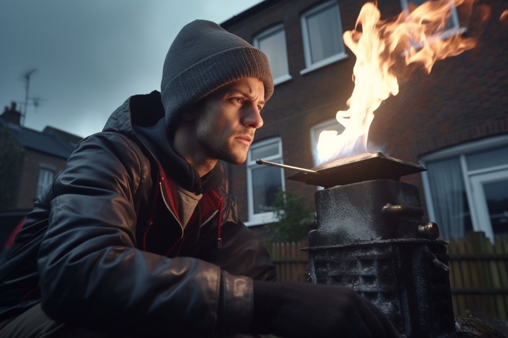 Man using a chimney starter to ignite charcoal - London, United Kingdom