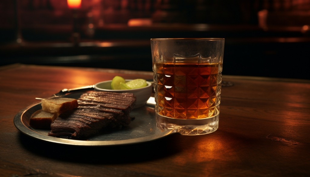 Old fashioned cocktail served next to a plate of smoked brisket - New York City, USA