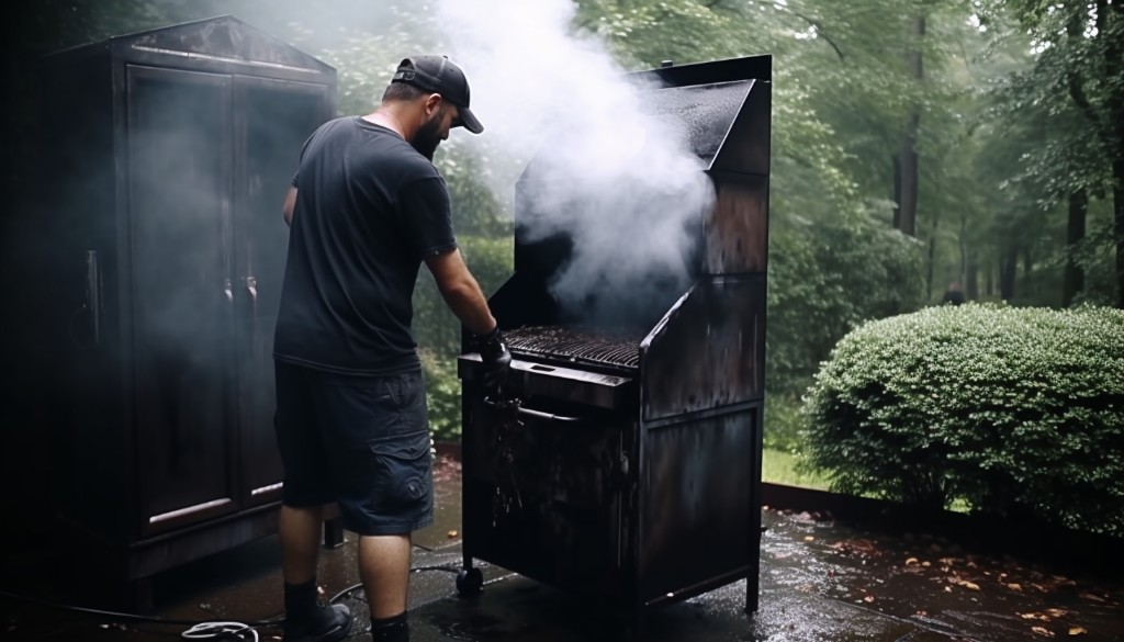 Person cleaning an offset smoker after use - Nashville, USA