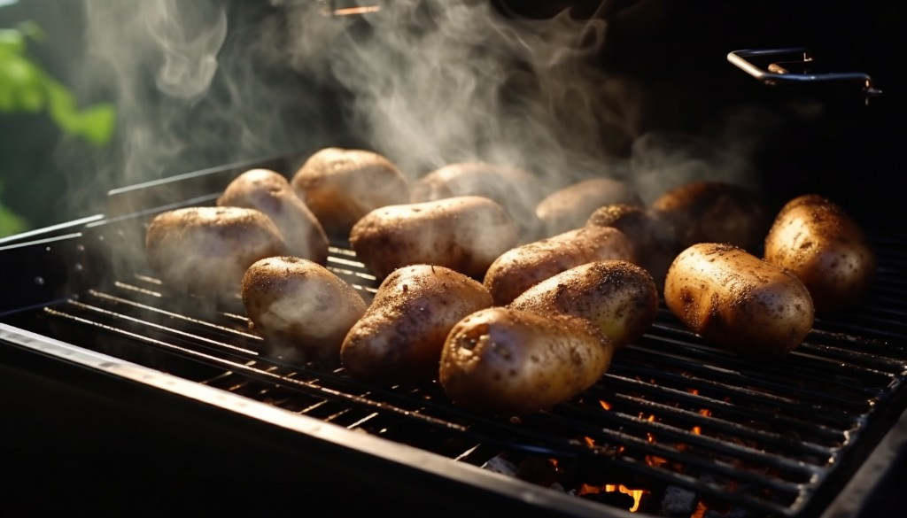 Potatoes being smoked on an offset smoker - Portland, United States