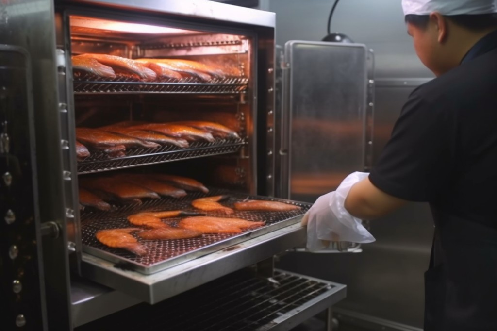 Process of placing marinated fish into an electric smoker - Seattle, USA