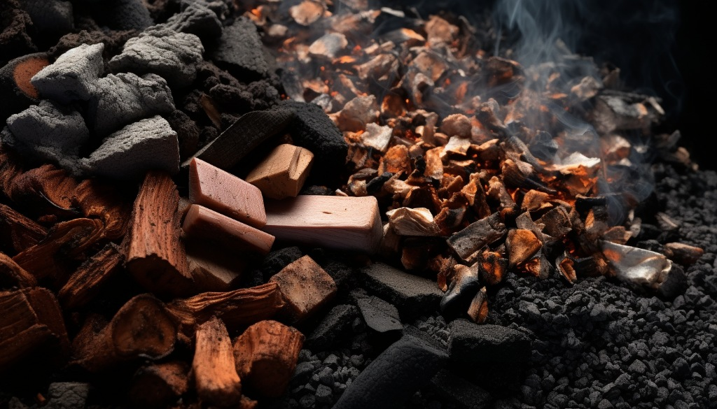 Selection of BBQ smoking materials including charcoal and woodchips - Austin, USA