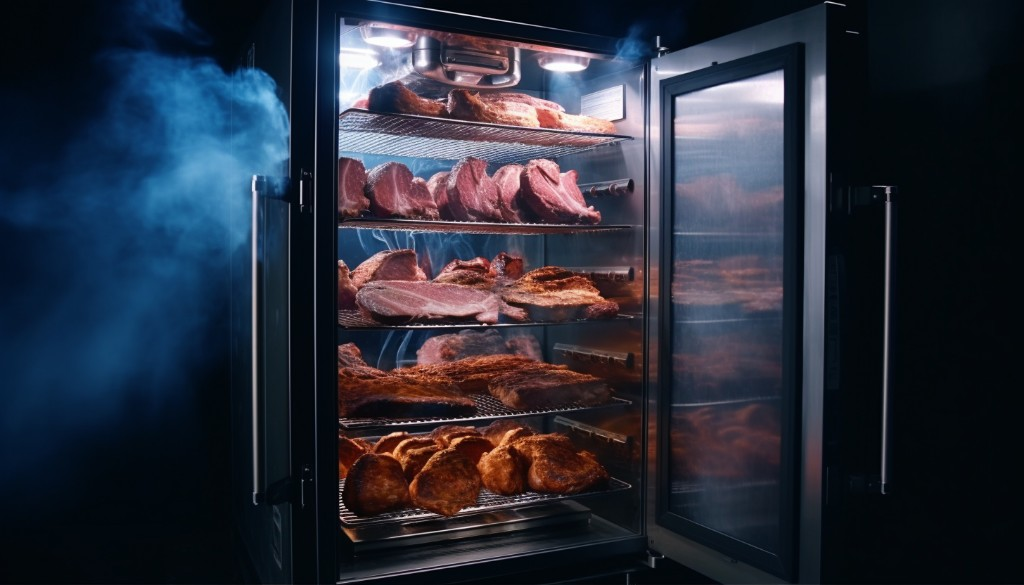 Showing different meats being smoked in an electric smoker – Los Angeles, United States