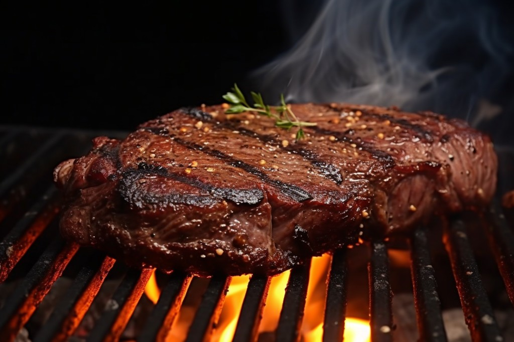 Sizzling steak being perfectly cooked on a pellet grill - Omaha, Nebraska