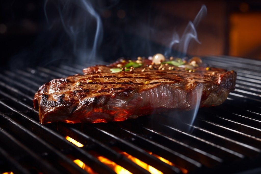 Sizzling steak over the grates of a multifunctional gas grill - Sydney, Australia