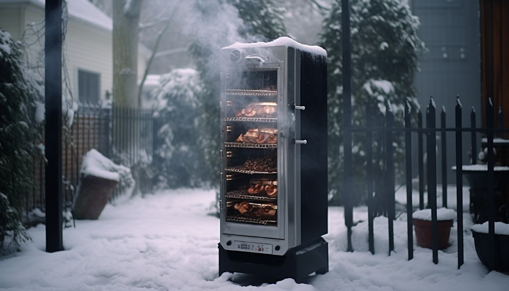 Snow-covered electric smoker on a winter day - Boston, USA