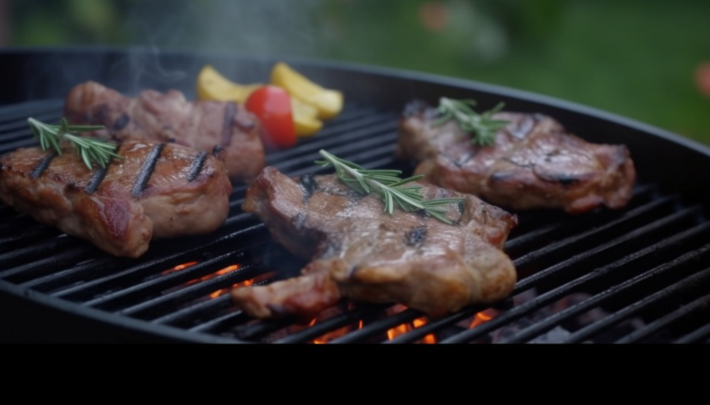 Succulent steak and chicken being grilled on a budget-friendly gas grill in a backyard cookout - Sydney, Australia