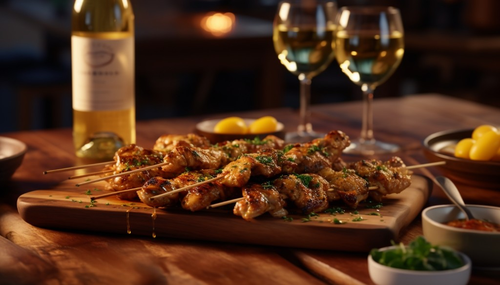 Tasty grilled chicken skewers paired with Chardonnay - Sydney, Australia