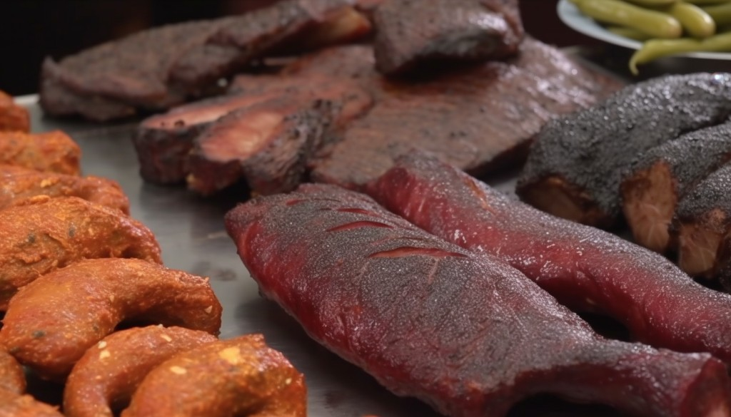 Variety of smoked meats served hot from a pellet grill - Memphis, Tennessee