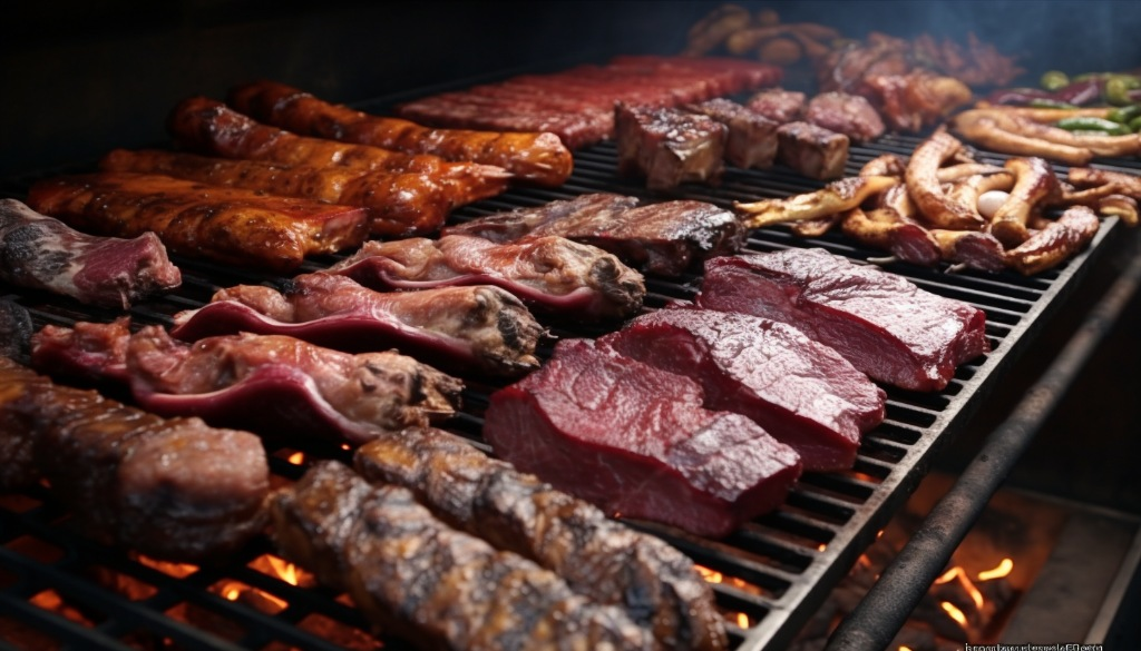 Various meats being smoked on a grill using different kinds of woods - Dallas, Texas