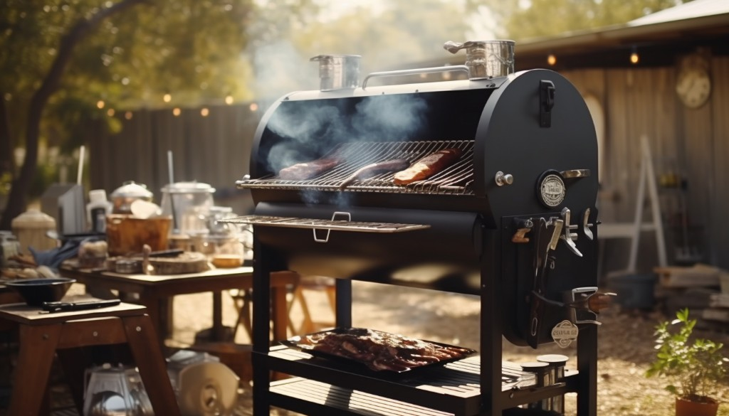 Vintage style offset smoker in a traditional barbecue set-up - Texas, USA